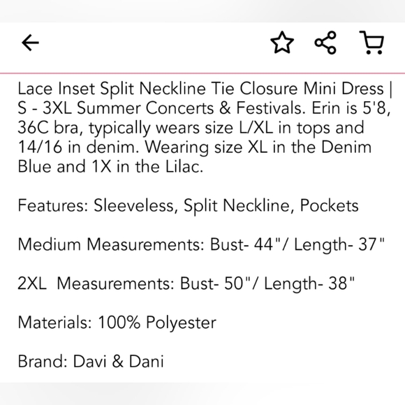 Boutique brand NWT Lace Inset Split Neckline Tie Closure Mini Dress size XL - Picture 4 of 4